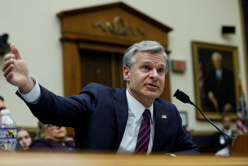 &copy; Reuters. FBI Director Christopher Wray testifies before a House Judiciary Committee hearing on "oversight of the Federal Bureau of Investigation" and alleged politicization of law enforcement, on Capitol Hill in Washington, U.S., July 12, 2023. REUTERS/Jonathan Er