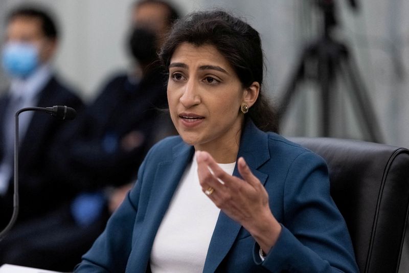 © Reuters. FILE PHOTO: FTC Commissioner nominee Lina M. Khan testifies during a Senate Commerce, Science, and Transportation Committee hearing on the nomination of Former Senator Bill Nelson to be NASA administrator, on Capitol Hill in Washington, U.S., April 21, 2021. Graeme Jennings/Pool via REUTERS/File Photo