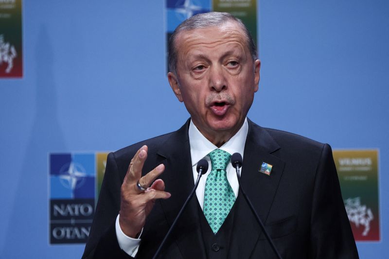 &copy; Reuters. الرئيس التركي رجب طيب أردوغان خلال مؤتمر صحفي بقمة حلف شمال الأطلسي بفيلينوس يوم الأربعاء. تصوير: كاتسبر بيمبل - رويترز.