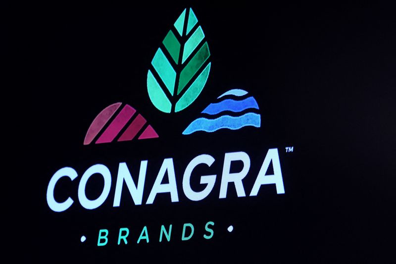 &copy; Reuters. FILE PHOTO: The company logo for Conagra Brands Inc. is displayed on a screen on the floor of the New York Stock Exchange (NYSE) in New York City, U.S., April 10, 2023.  REUTERS/Brendan McDermid