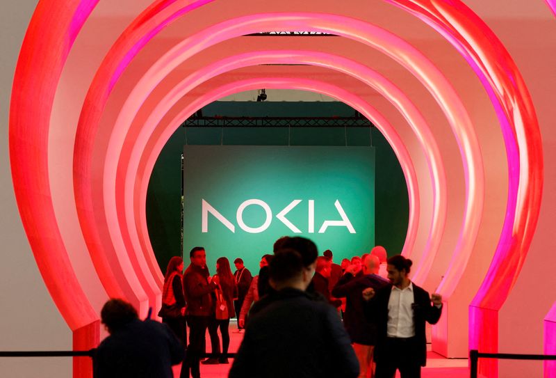 &copy; Reuters. FILE PHOTO: New Nokia's logo is displayed before GSMA's 2023 ahead of the Mobile World Congress (MWC) in Barcelona, Spain February 26, 2023. REUTERS/ Albert Gea