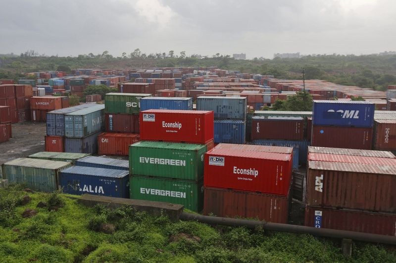&copy; Reuters. FILE PHOTO: Cargo containers are seen stacked outside the container terminal of Jawaharlal Nehru Port Trust (JNPT) in Mumbai, India, July 15, 2015.  REUTERS/Shailesh Andrade/File Photo