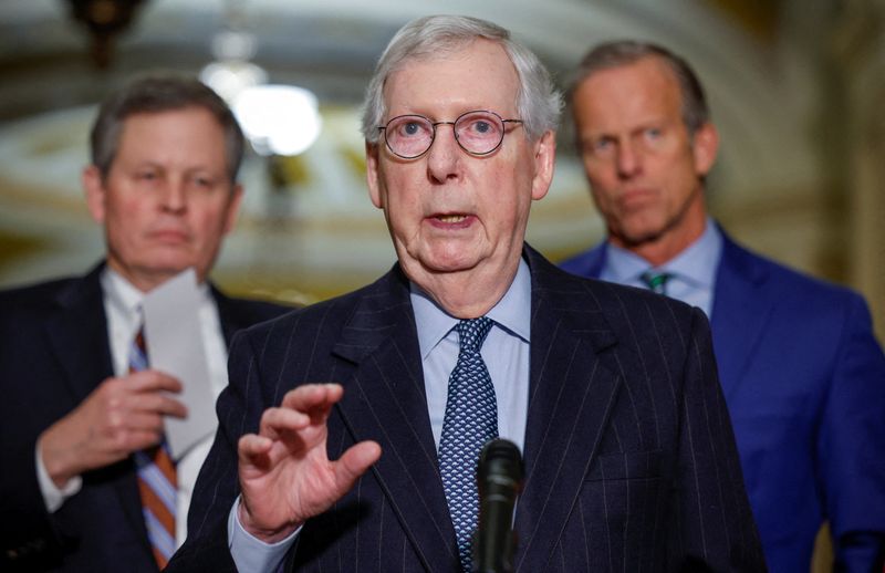&copy; Reuters. FILE PHOTO: U.S. Senate Minority Leader Mitch McConnell (R-KY) speaks to the media after the weekly Senate Republican caucus luncheon with Republican leadership Senator Steve Daines (R-MT) and John Thune (R-SD), at the U.S. Capitol in Washington, U.S., Fe