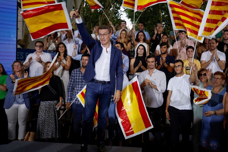 &copy; Reuters. FILE PHOTO: Spanish opposition People's Party leader Alberto Nunez Feijoo gestures at the opening campaign rally ahead of the July 23 snap election, in Castelldefels, Spain July 6, 2023. REUTERS/Albert Gea/File Photo