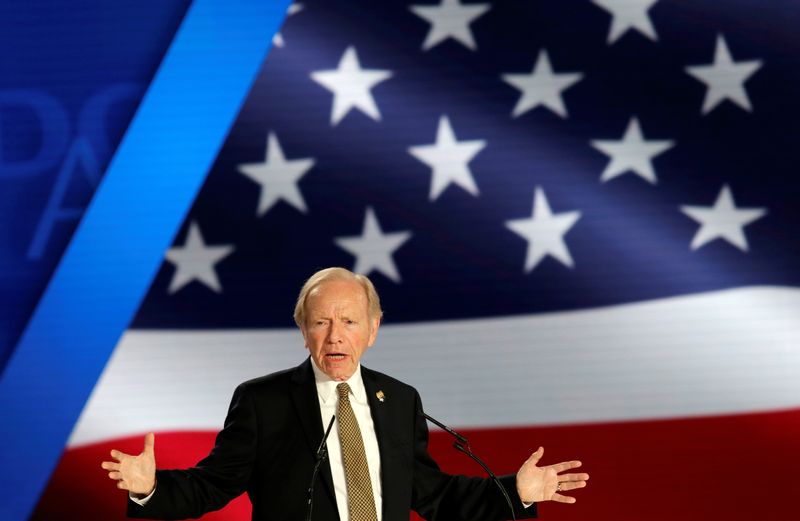 &copy; Reuters. Former U.S. Senator Joe Lieberman speaks at an event in Ashraf-3 camp, which is a base for the People's Mojahedin Organization of Iran (MEK) in Manza, Albania, July 13, 2019. REUTERS/Florion Goga/FILE PHOTO