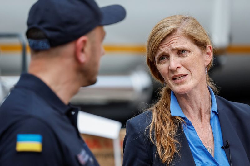 © Reuters. United States Agency for International Development Administrator Samantha Power attends a joint press conference with the Head of the State Emergency Service of Ukraine Serhii Kruk during a visit to Ukraine, amid Russia's attack on Ukraine, in Kyiv, Ukraine, July 17, 2023. REUTERS/Alina Smutko