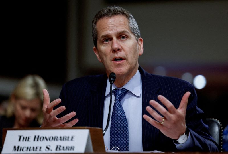 &copy; Reuters. FILE PHOTO: Federal Reserve Vice Chair for Supervision Michael Barr testifies before a Senate Banking, Housing, and Urban Affairs Committee hearing in Washington, U.S., May 18, 2023. REUTERS/Evelyn Hockstein/File Photo