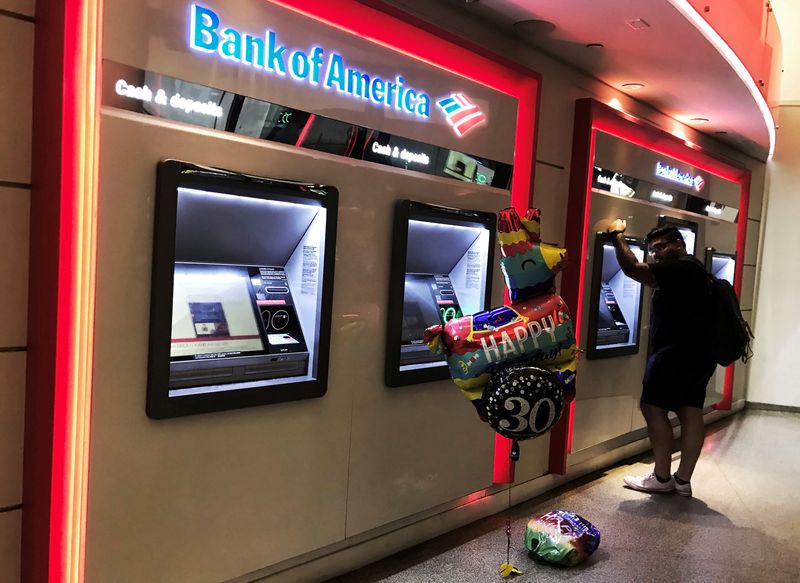 &copy; Reuters. FILE PHOTO: A man uses an ATM machine next an inflatable plastic balloon inside a Bank of America branch in Times Square in New York, U.S., August 10, 2019. REUTERS/Nacho Doce/File Photo