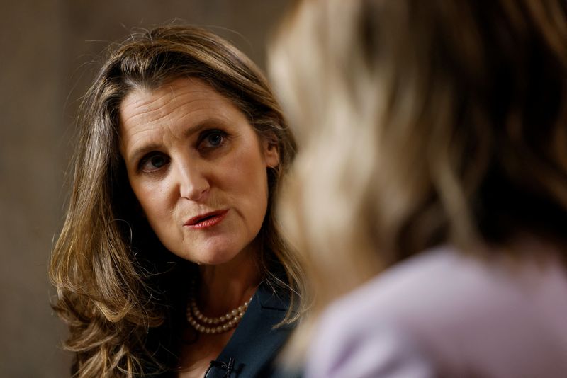 &copy; Reuters. FILE PHOTO: Canada's Deputy Prime Minister and Minister of Finance Chrystia Freeland speaks to media after presenting the federal budget on Parliament Hill in Ottawa, Ontario, Canada March 28, 2023. REUTERS/Blair Gable/File Photo