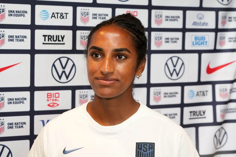 &copy; Reuters. FILE PHOTO: Jun 27, 2023; Carson, California, USA; USWNT defender Naomi Girma during Women's World Cup media day at Dignity Health Sports Park. Mandatory Credit: Kirby Lee-USA TODAY Sports/File Photo