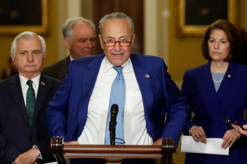&copy; Reuters. U.S. Senate Majority Leader Chuck Schumer (D-NY), with Senator Jack Reed (D-RI), Senator Tim Kaine (D-VA) and Senator Catherine Cortez Masto (D-NV), holds a press conference after the weekly Democratic caucus policy luncheon at the U.S. Capitol in Washing