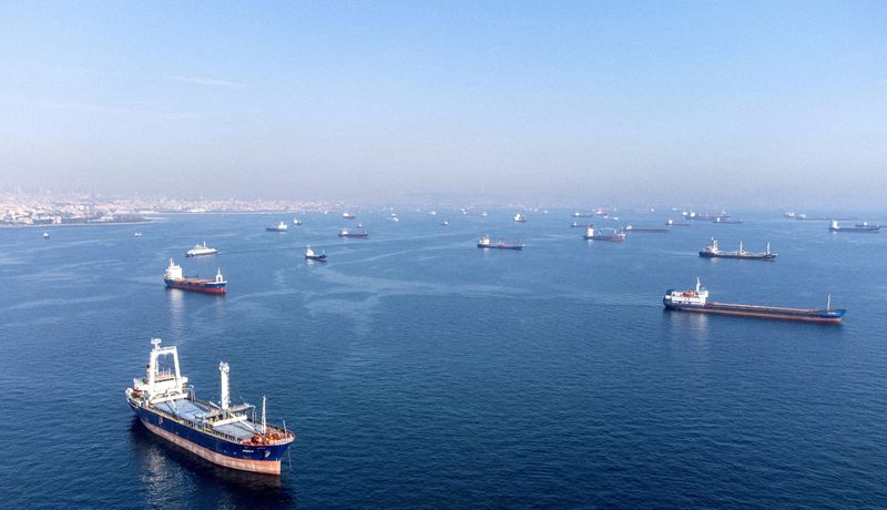 &copy; Reuters. FILE PHOTO: Commercial vessels including vessels which are part of Black Sea grain deal wait to pass the Bosphorus strait off the shores of Yenikapi during a misty morning in Istanbul, Turkey, October 31, 2022. REUTERS/Umit Bektas/File Photo