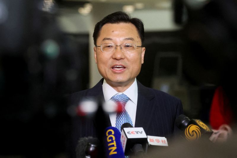 &copy; Reuters. FILE PHOTO: Xie Feng, China's new ambassador to the U.S., addresses the media as he arrives at JFK airport in New York City, U.S., May 23, 2023. REUTERS/Brendan McDermid/File Photo