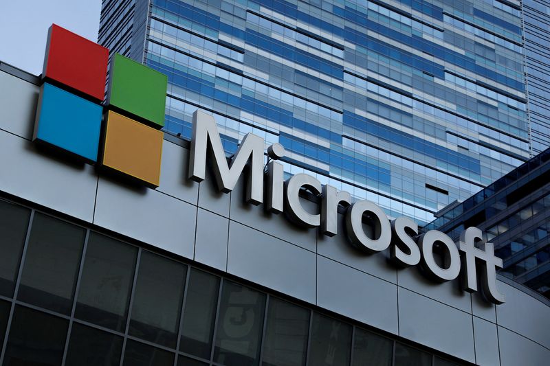 &copy; Reuters. FILE PHOTO: The Microsoft sign is shown on top of the Microsoft Theatre in Los Angeles, California, U.S. October 19,2018.  REUTERS/Mike Blake/File Photo