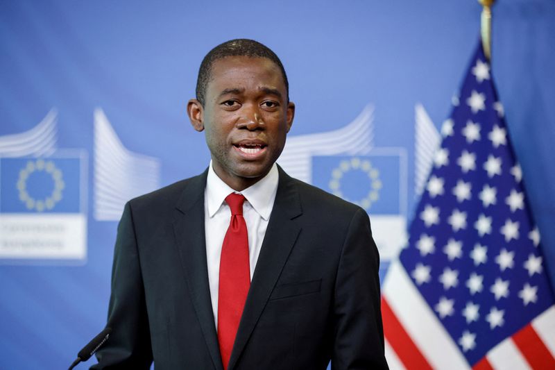 © Reuters. FILE PHOTO: U.S. Deputy Treasury Secretary Wally Adeyemo speaks during a joint news conference with EU Commissioner McGuinness (not pictured) in Brussels, Belgium March 29, 2022. REUTERS/Johanna Geron/Pool/File Photo