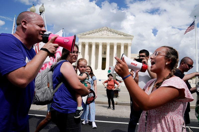 © Reuters. Abortion rights activists and counter protesters protest outside the U.S. Supreme Court on the first anniversary of the court ruling in the Dobbs v Women's Health Organization case, overturning the landmark Roe v Wade abortion decision, in Washington, U.S., June 24, 2023. REUTERS/Elizabeth Frantz/File Photo