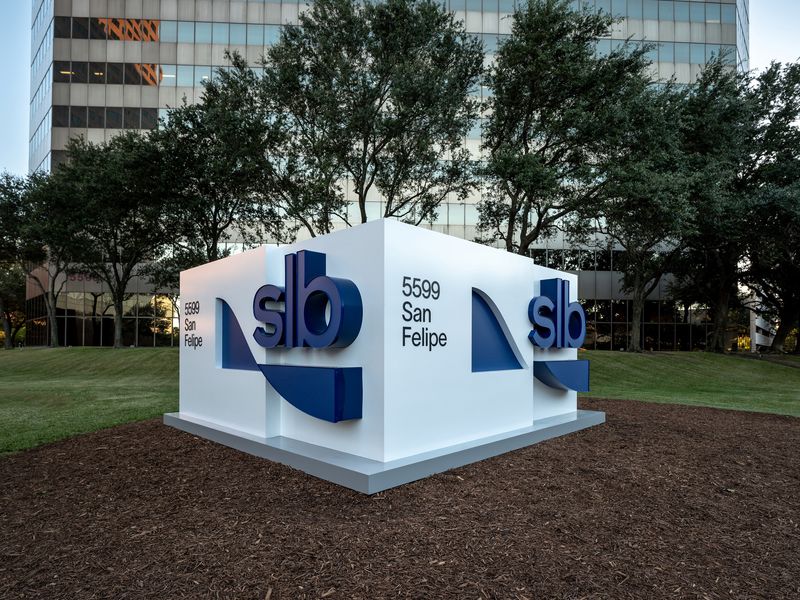 &copy; Reuters. FILE PHOTO: The entrance to oilfield service provider SLB's office in Houston, Texas, showing the former Schlumberger's new name and logo, is seen in this handout image taken June 2023. Courtesy of SLB/Handout via REUTERS/File Photo