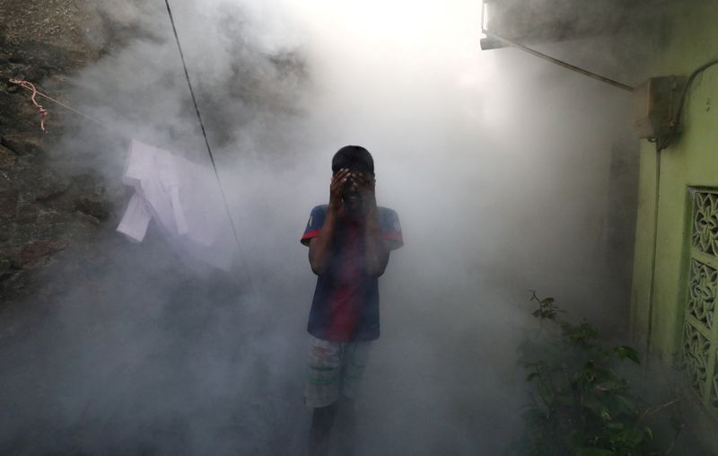 &copy; Reuters. فتى يغطي وجهه من الدخان بينما يبخر عامل صحي ضد البعوض في منطقة سكنية، بينما تحاول سريلانكا الحد من حمى الضنك في جزيرة بكولومبو يوم 12 يوليو تم