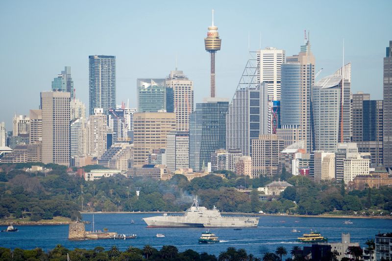 &copy; Reuters. FILE PHOTO: Independence-variant littoral combat ship USS Canberra (LCS 30) arrives in Sydney, ahead of its commissioning ceremony on July 22, Sydney, Australia, July 18, 2023. REUTERS/Stephen Coates./File Photo