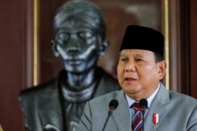 &copy; Reuters. FILE PHOTO: Indonesia's Defence Minister Prabowo Subianto speaks during a joint news conference with U.S. Defense Secretary Lloyd Austin (not pictured), following their meeting in Jakarta, Indonesia, November 21, 2022. REUTERS/Willy Kurniawan/Pool/File Ph