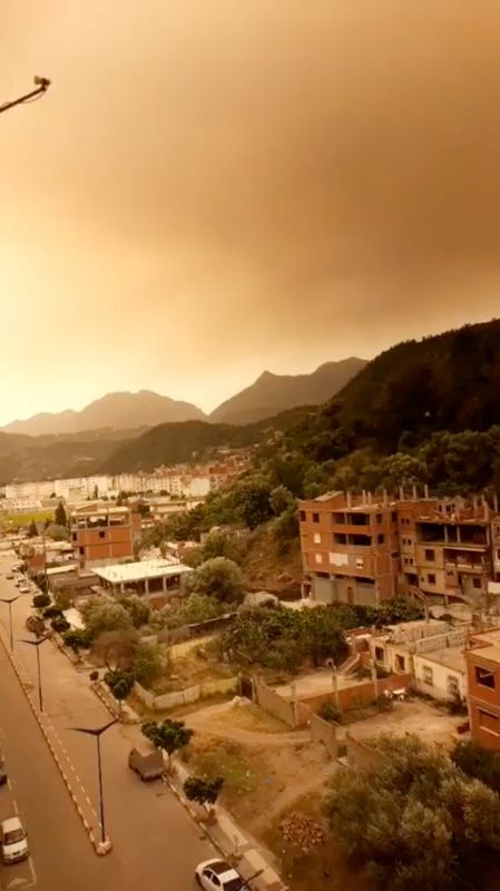 © Reuters. دخان في السماء جراء حرائق الغابات في بجاية بالجزائر يوم الاثنين . صورة من مقطع مصور على وسائل التواصل الاجتماعي حصلت عليها رويترز من طرف ثالث ويحظر إعادة بيعها أو وضعها في أرشيف .  
