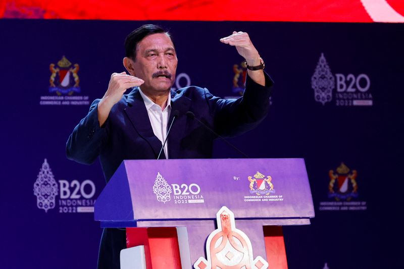 &copy; Reuters. FILE PHOTO-Luhut Binsar Pandjaitan, Indonesian Coordinating Minister for Maritime and Investment Affairs speaks during the B20 summit opening panel on Sustainable Resource Management for Economic Growth, ahead of the G20 leaders’ summit, in Nusa Dua, Ba