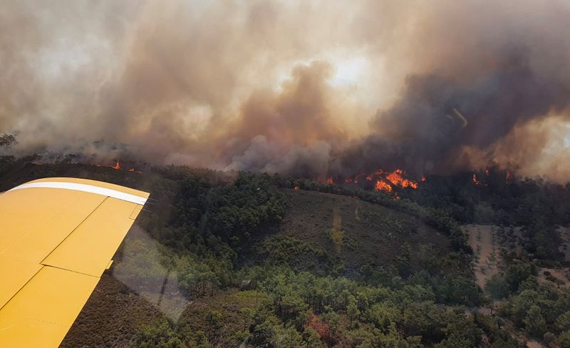 &copy; Reuters. طائرة إطفاء تركية تحلق فوق حريق هائل في جزيرة رودس باليونان يوم الاثنين.  صورة لرويترز من وزارة الزراعة والغابات التركية. يحظر إعادة بيع الص