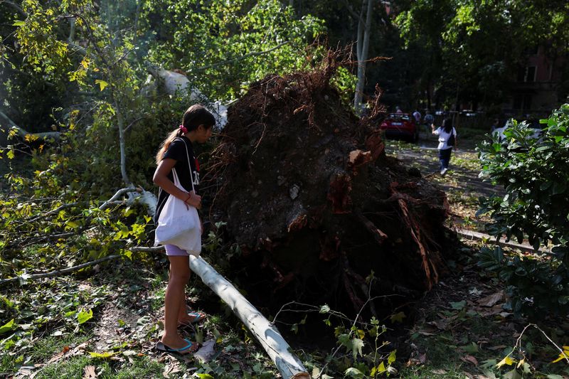 &copy; Reuters. Una donna accanto a un albero sradicato in seguito a temporali e piogge torrenziali a Milano, Italia 25 luglio 2023. REUTERS/Claudia Greco