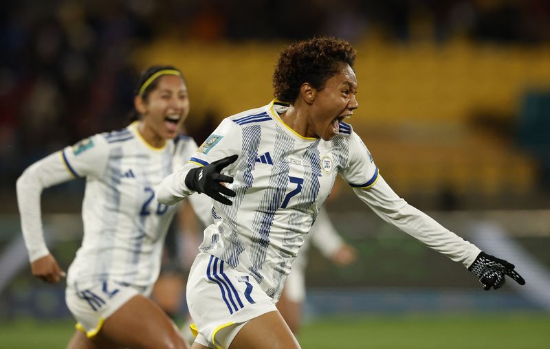 &copy; Reuters. Sarina Bolden comemora gol das Filipinas
 25/7/2023   REUTERS/Amanda Perobelli