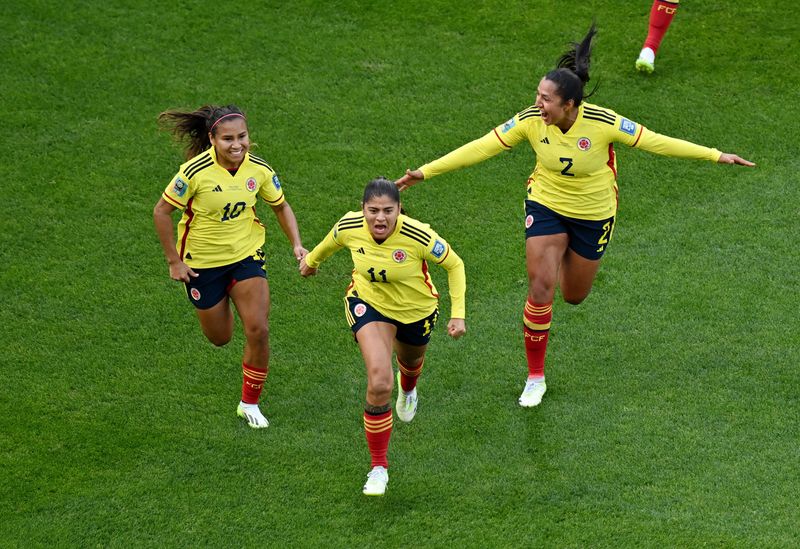 &copy; Reuters. Jogadoras da Colômbia comemoram gol contra Coreia do Sul
 25/7/2023      REUTERS/Jaimi Joy