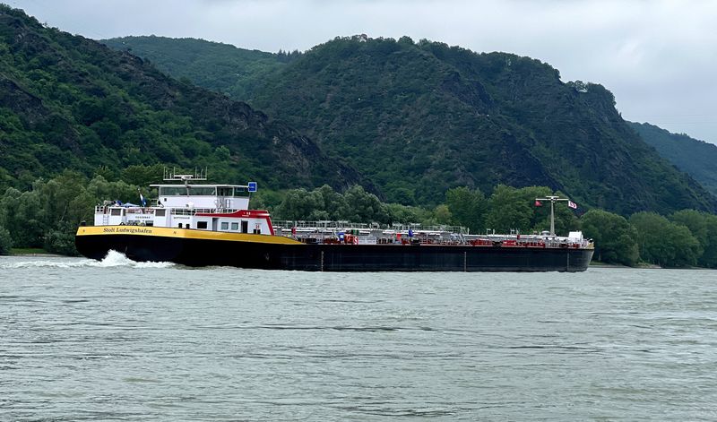 &copy; Reuters. FILE PHOTO: A Dutch-made special tanker, built by shipping company Stolt Tankers, able to pass on the Rhine river even at low water levels which occur increasingly often due to global warming, sails past Bad Salzig on its way for a christening ceremony in