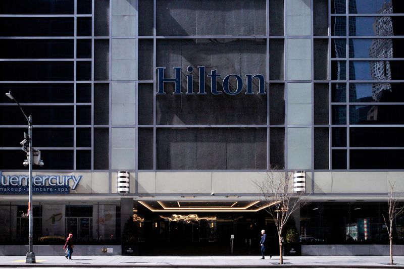&copy; Reuters. FILE PHOTO: Hilton Midtown hotel is seen on 52nd street in New York City, U.S., March 18, 2020. REUTERS/Jeenah Moon/File Photo