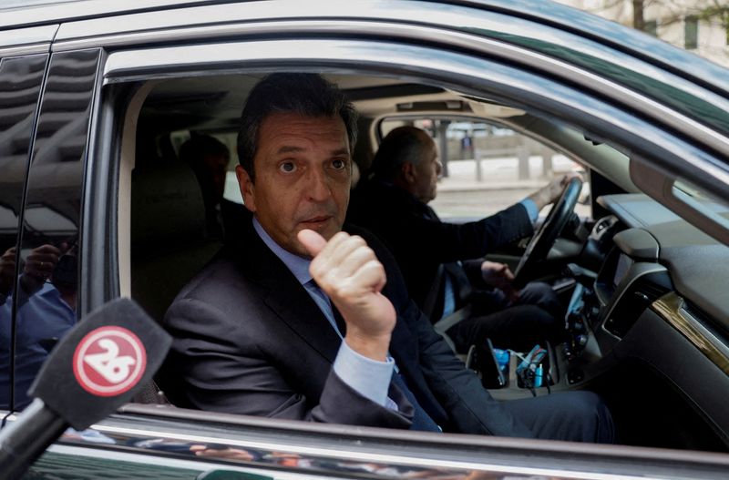 &copy; Reuters. FILE PHOTO: Argentina's Economy Minister Sergio Massa talks to reporters as he departs after attending a meeting with International Monetary Fund (IMF) Chairperson and Managing Director Kristalina Georgieva at the IMF headquarters in Washington, U.S., Sep