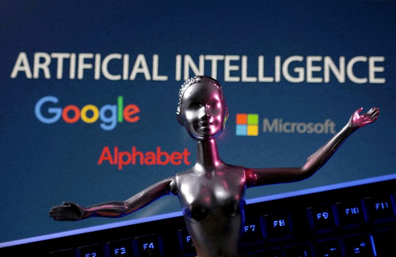 &copy; Reuters. L'illustration montre les logos de Google, Microsoft et Alphabet et les mots Artificial Intelligence (Intelligence artificielle). /Photo réalisée le 4 mai 2023/REUTERS/Dado Ruvic