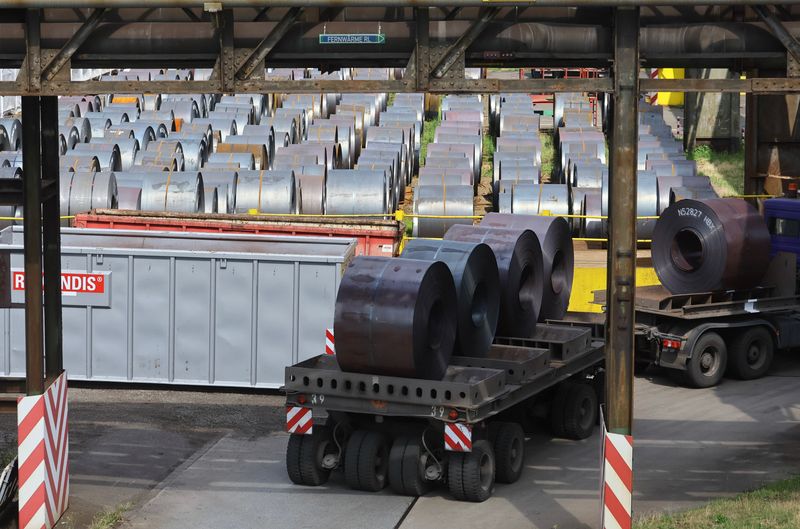 &copy; Reuters. Steel coils are lined up at the steel plant of ThyssenKrupp in Duisburg, Germany, July 26, 2023. REUTERS/Wolfgang Rattay