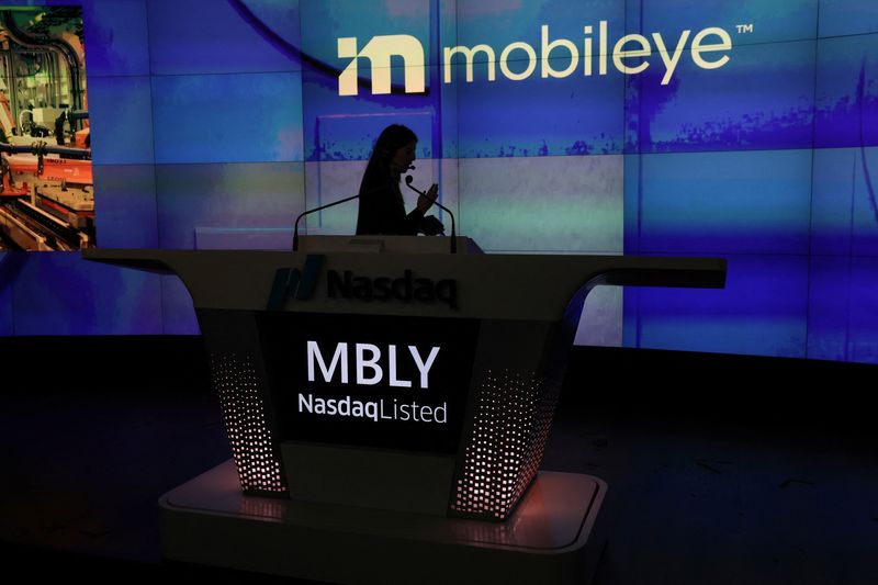 &copy; Reuters. FILE PHOTO: The listing of Mobileye Global Inc., the self-driving unit of chip maker Intel Corp, is seen at the Nasdaq MarketSite, at Times Square in New York City, U.S., October 26, 2022.  REUTERS/Shannon Stapleton/File Photo