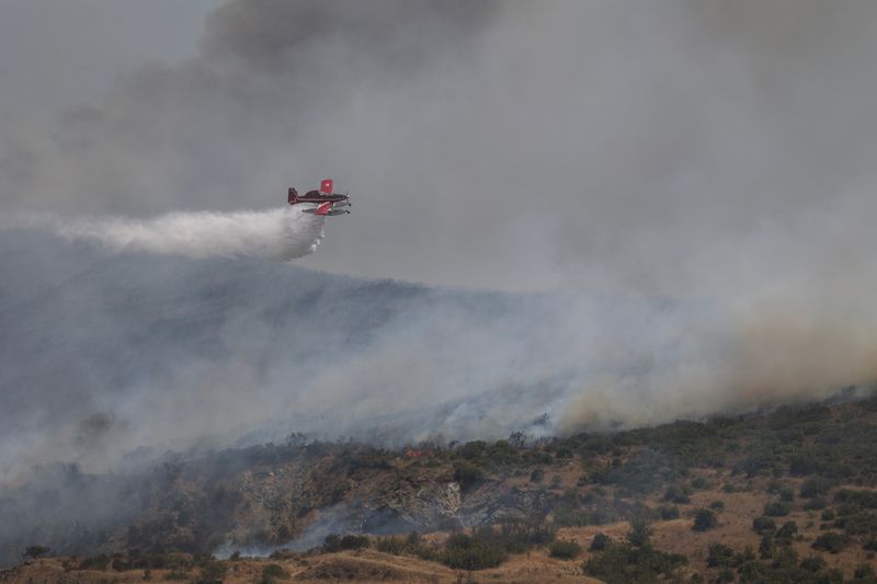 &copy; Reuters. طائرة إطفاء تسقط كميات من المياه في محاولة لإخماد حريق غابات مشتعل بالقرب من مدينة فولوس وسط اليونان يوم الخميس. تصوير: ألكسندروس أفراميديس 
