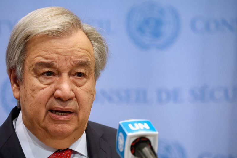 &copy; Reuters. FILE PHOTO: U.N. Secretary-General Antonio Guterres speaks about the Black Sea grain corridor outside U.N. Security Council at U.N. headquarters in New York City, U.S., July 17, 2023.   REUTERS/Brendan McDermid/File Photo