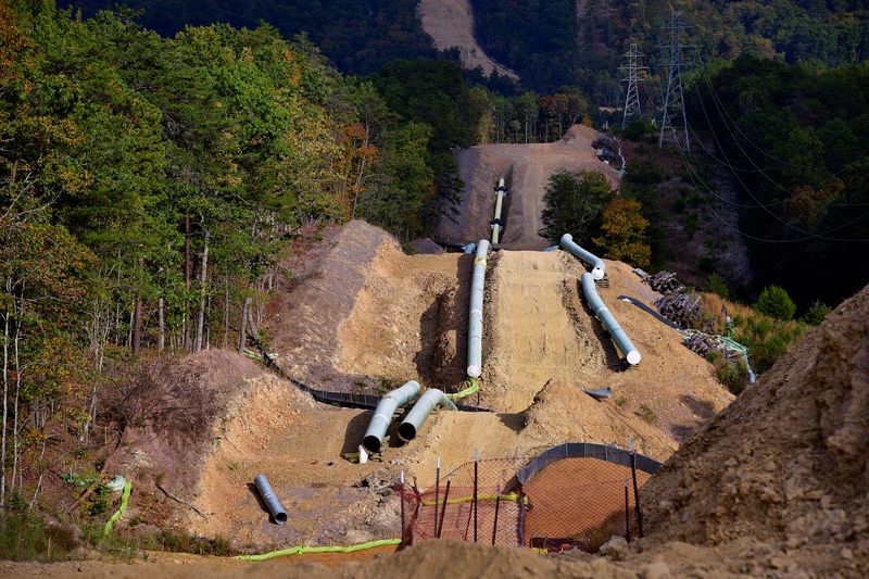 &copy; Reuters. FILE PHOTO: Lengths of pipe wait to be laid in the ground along the under-construction Mountain Valley Pipeline near Elliston, Virginia, U.S. September 29, 2019. Picture taken September 29, 2019. REUTERS/Charles Mostoller/File Photo