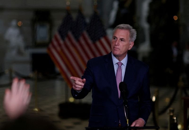 &copy; Reuters. FILE PHOTO: U.S. House Speaker Kevin McCarthy holds a media availability in Statuary Hall in the U.S. Capitol building in Washington, U.S., July 19, 2023. REUTERS/Leah Millis/File Photo