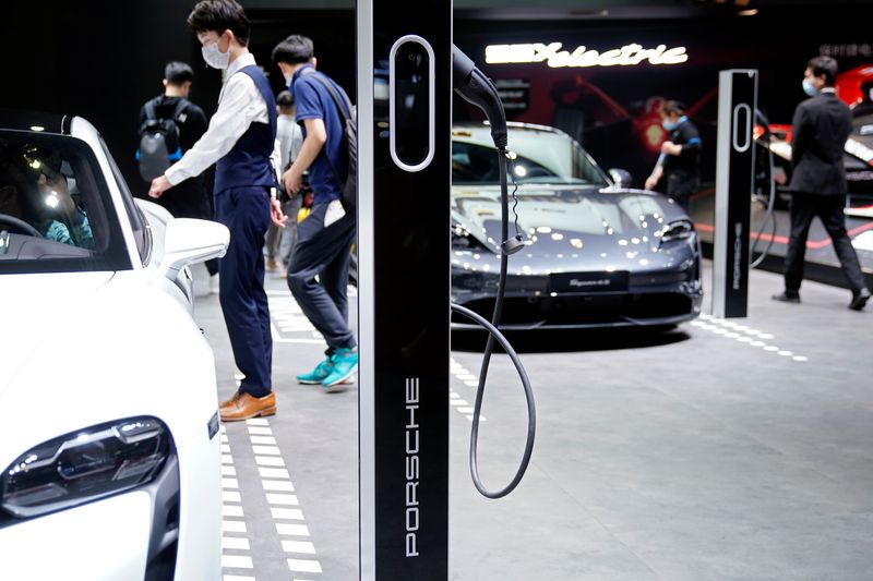 &copy; Reuters. A Porsche electric vehicle (EV) charging point is seen during a media day for the Auto Shanghai show in Shanghai, China April 20, 2021. REUTERS/Aly Song