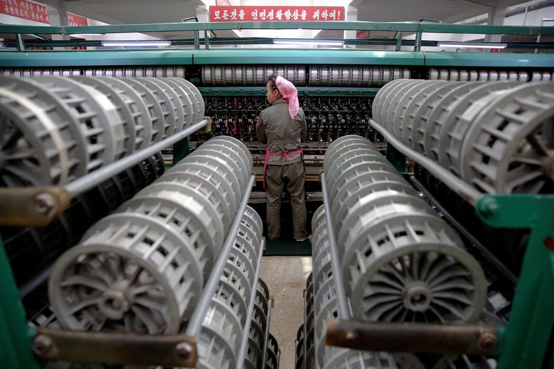 &copy; Reuters. A woman works at the Kim Jong Suk Pyongyang textile mill during a government organised visit for foreign reporters in Pyongyang, North Korea May 9, 2016.  REUTERS/Damir Sagolj/File Photo 