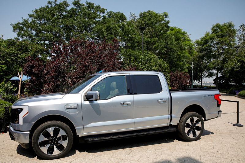 &copy; Reuters. FILE PHOTO: The Ford F-150 Lightning pickup truck is seen during a press event in New York City, U.S., May 26, 2021. REUTERS/Brendan McDermid/File Photo