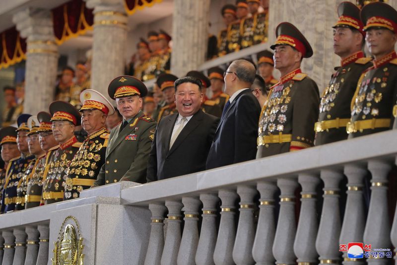 &copy; Reuters. North Korean leader Kim Jong Un, Chinese Communist Party politburo member Li Hongzhong and Russia's Defense Minister Sergei Shoigu attend a military parade to commemorate the 70th anniversary of the Korean War armistice in Pyongyang, North Korea, July 27,