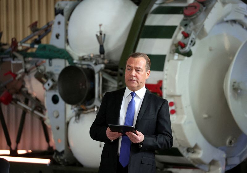 &copy; Reuters. FILE PHOTO: Deputy head of Russia's Security Council Dmitry Medvedev attends a meeting with officials and employees of the military industrial corporation "Scientific and Production Machine Building Association" in the town of Reutov in the Moscow region,