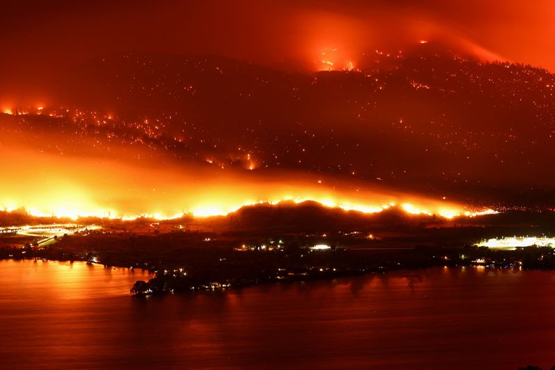 &copy; Reuters. 　米ワシントン州の山火事が国境を越えてカナダのブリティッシュコロンビア州に燃え広がり、７月２９日夜には同州の町オソヨースやその周辺の住民に避難命令が出された。オソヨースで