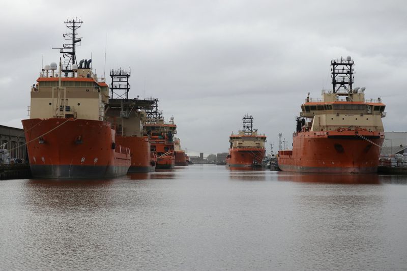 &copy; Reuters. FILE PHOTO: Vessels that are used for towing oil rigs in the North Sea are moored up at William Wright docks in Hull, Britain November 2, 2017. REUTERS/Russell Boyce/F