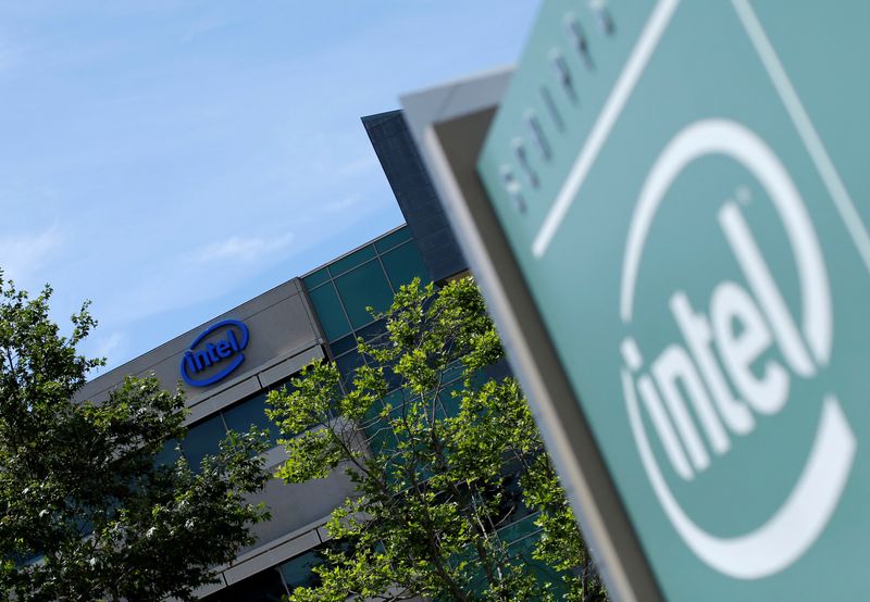 &copy; Reuters. FILE PHOTO: The logo of Dow Jones Industrial Average stock market index listed company Intel is shown on one of their office buildings in San Diego, California April 21, 2016.  REUTERS/Mike Blake/File Photo