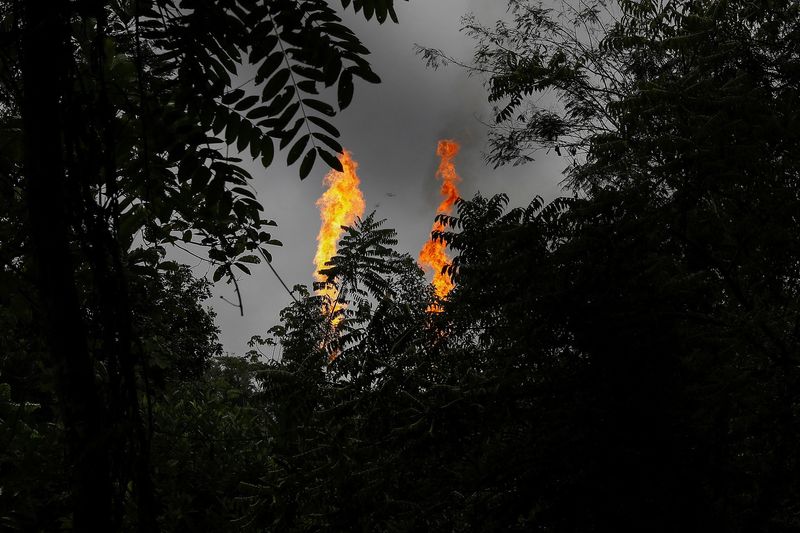 &copy; Reuters. Gás natural excedente é queimado na usina termelétrica de petróleo e gás de Auca Sur, durante tour na área por indígenas Waorani na província de Orellana, Equador
28/7/2023 REUTERS/Karen Toro