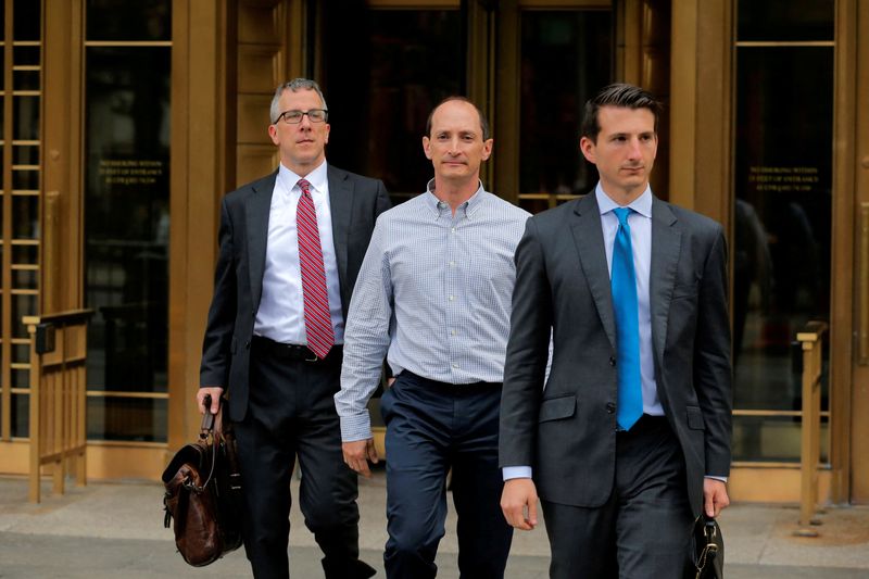 &copy; Reuters. FILE PHOTO: Rob Olan (C), employee of the healthcare investment fund Deerfield Management, departs Federal Court in Manhattan in New York, U.S., May 24, 2017. REUTERS/Lucas Jackson/File Photo